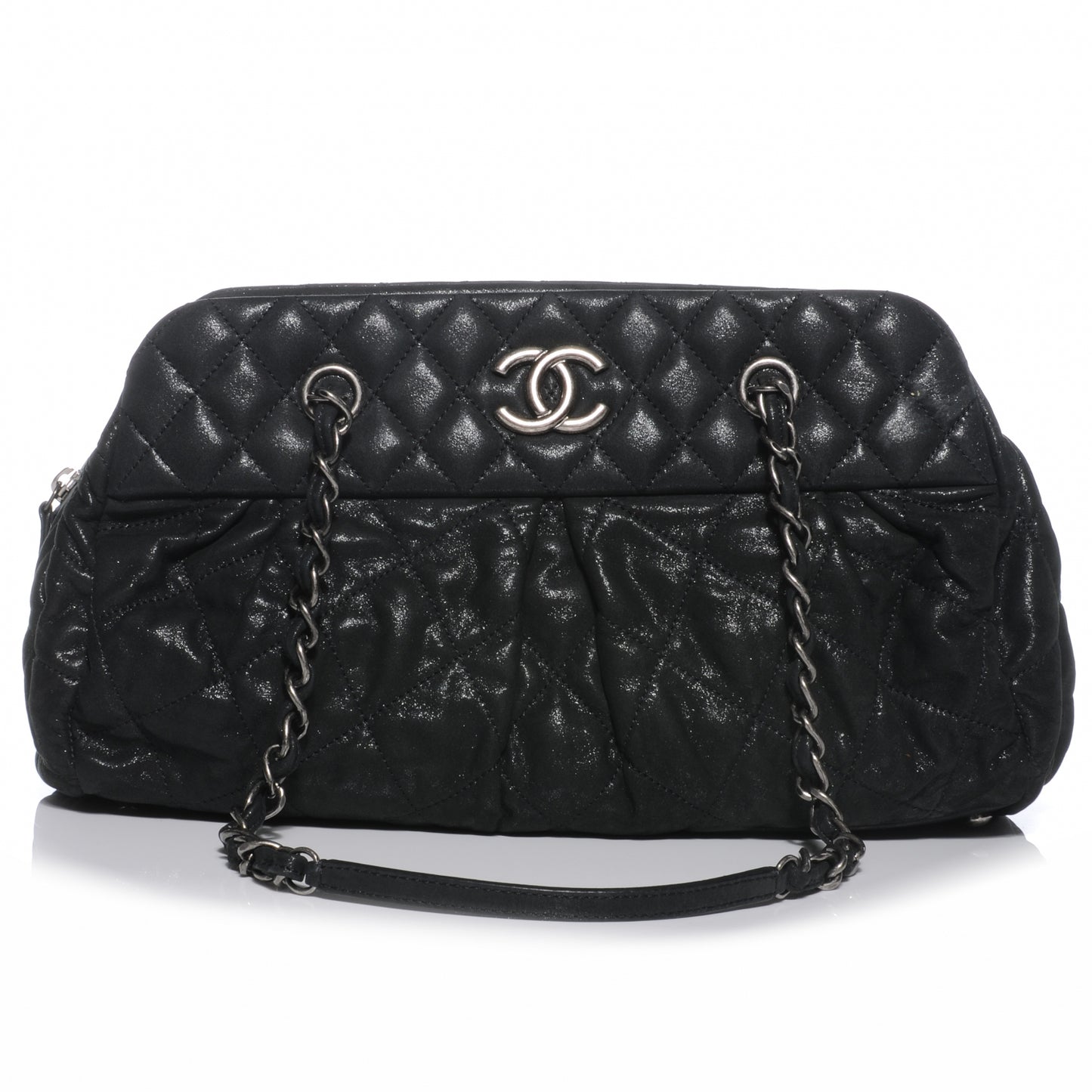 Iridescent Calfskin Chic Quilt Bowling Bag Black