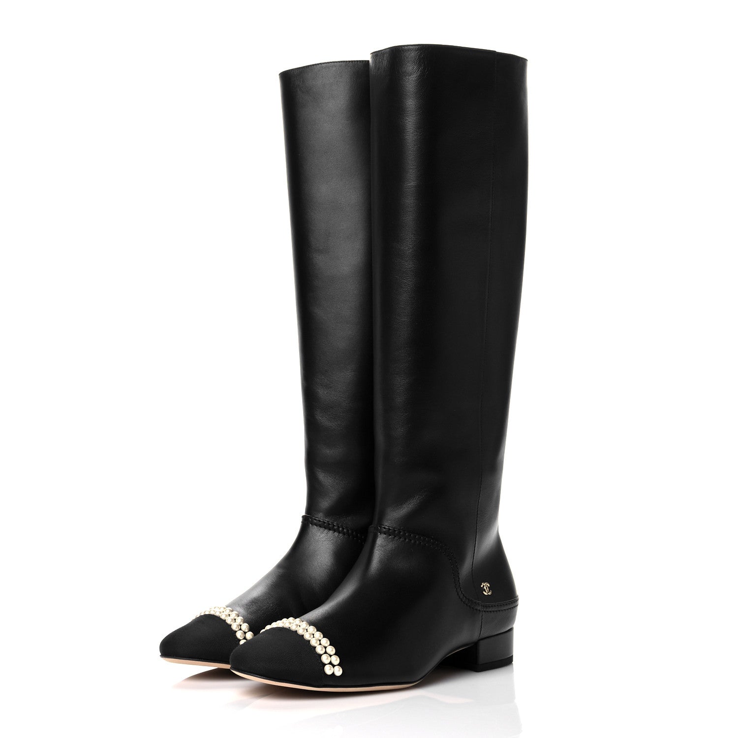Chanel Calfskin Grosgrain Pearl Cap Toe High Boots 38 Black 3 of 10