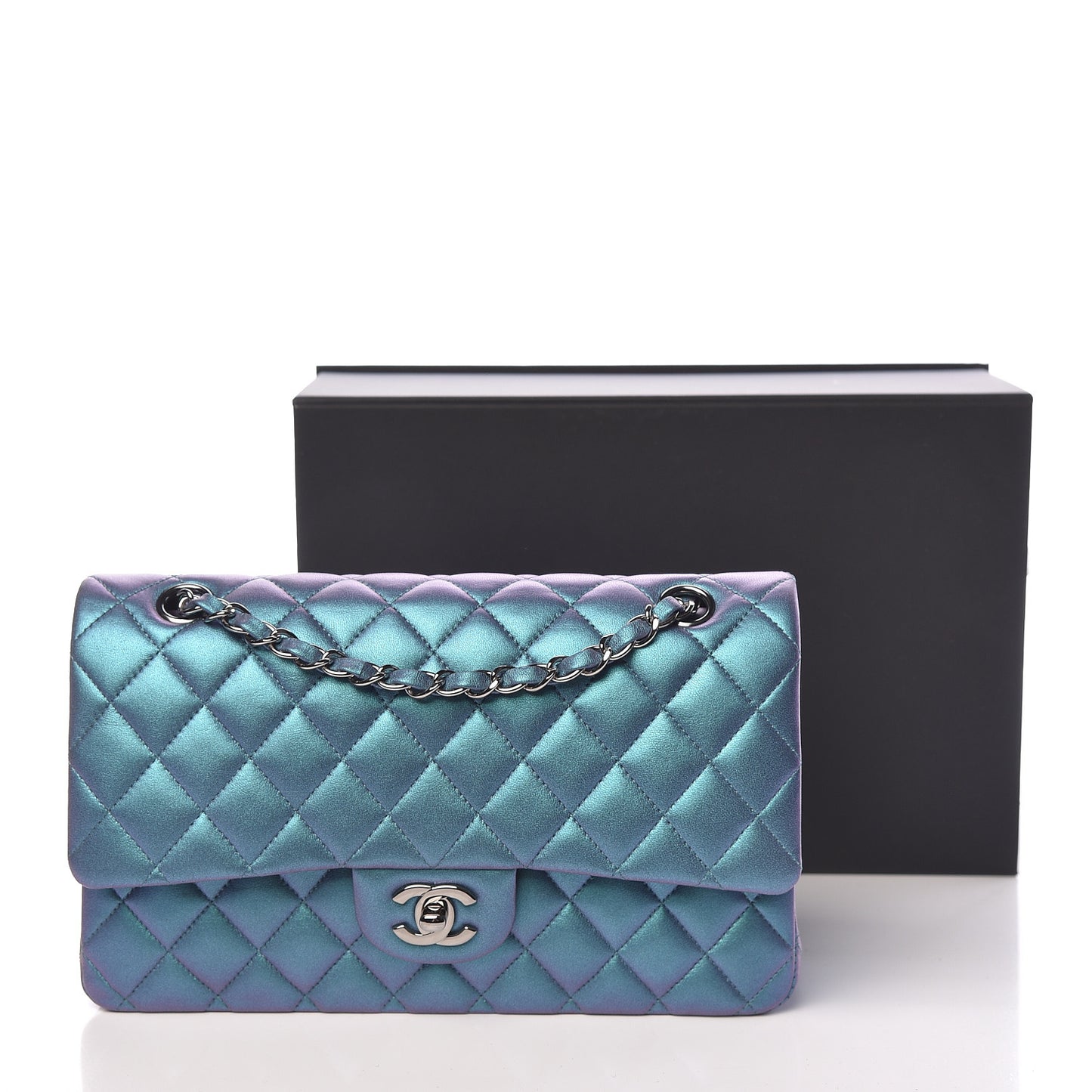 Metallic Lambskin Quilted Medium Double Flap Turquoise