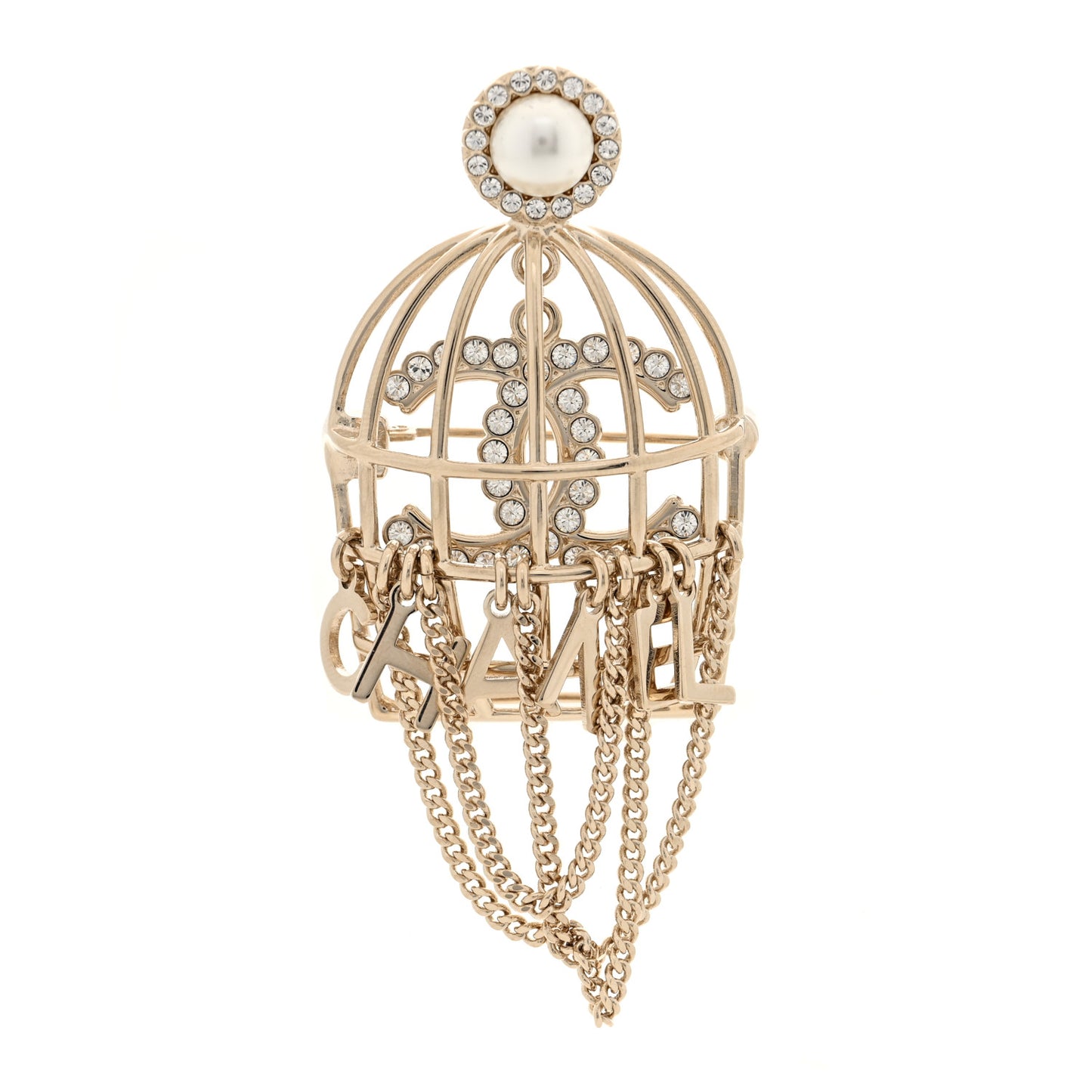 Metal Crystal Pearl CC Birdcage Brooch Light Gold