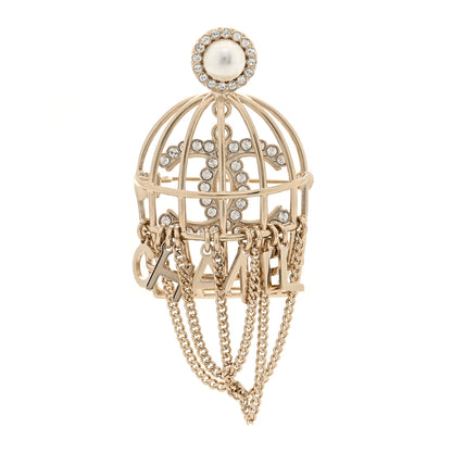 Chanel Metal Crystal Pearl CC Birdcage Brooch Light Gold 1 of 4
