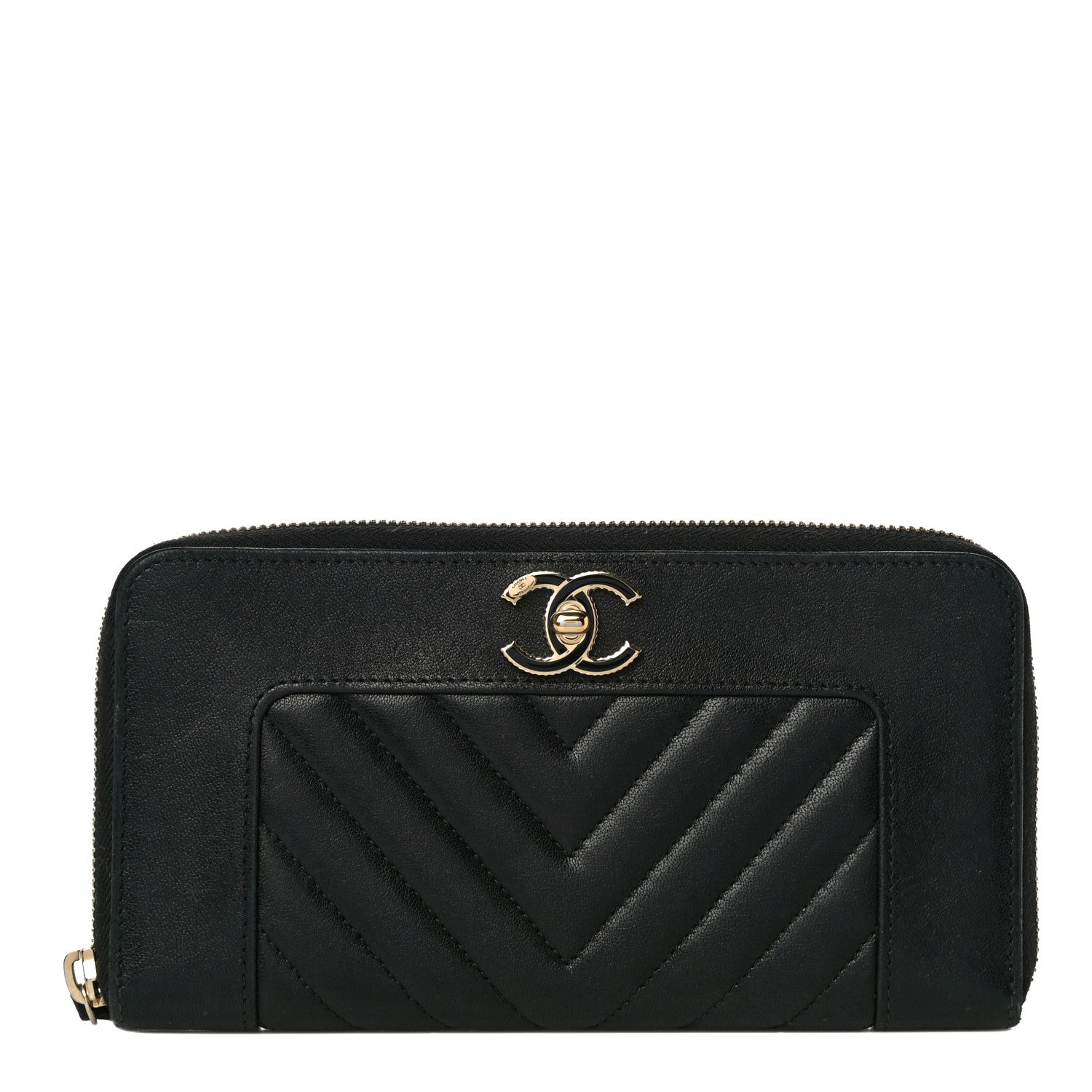 Chanel Sheepskin Chevron Quilted Mademoiselle Vintage Zip Around Wallet Black 1 of 12