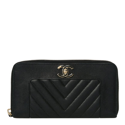 Chanel Sheepskin Chevron Quilted Mademoiselle Vintage Zip Around Wallet Black 1 of 12