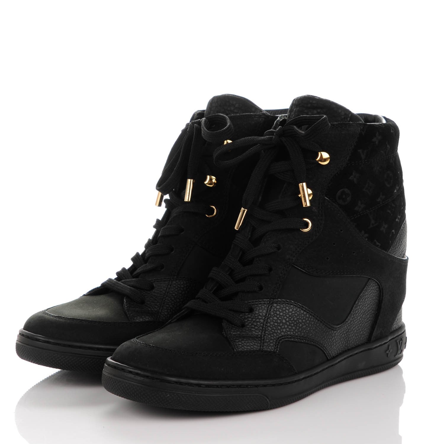 Louis Vuitton Calfskin Suede Monogram Cliff Top Wedge Sneakers 37.5 Black 3 of 8