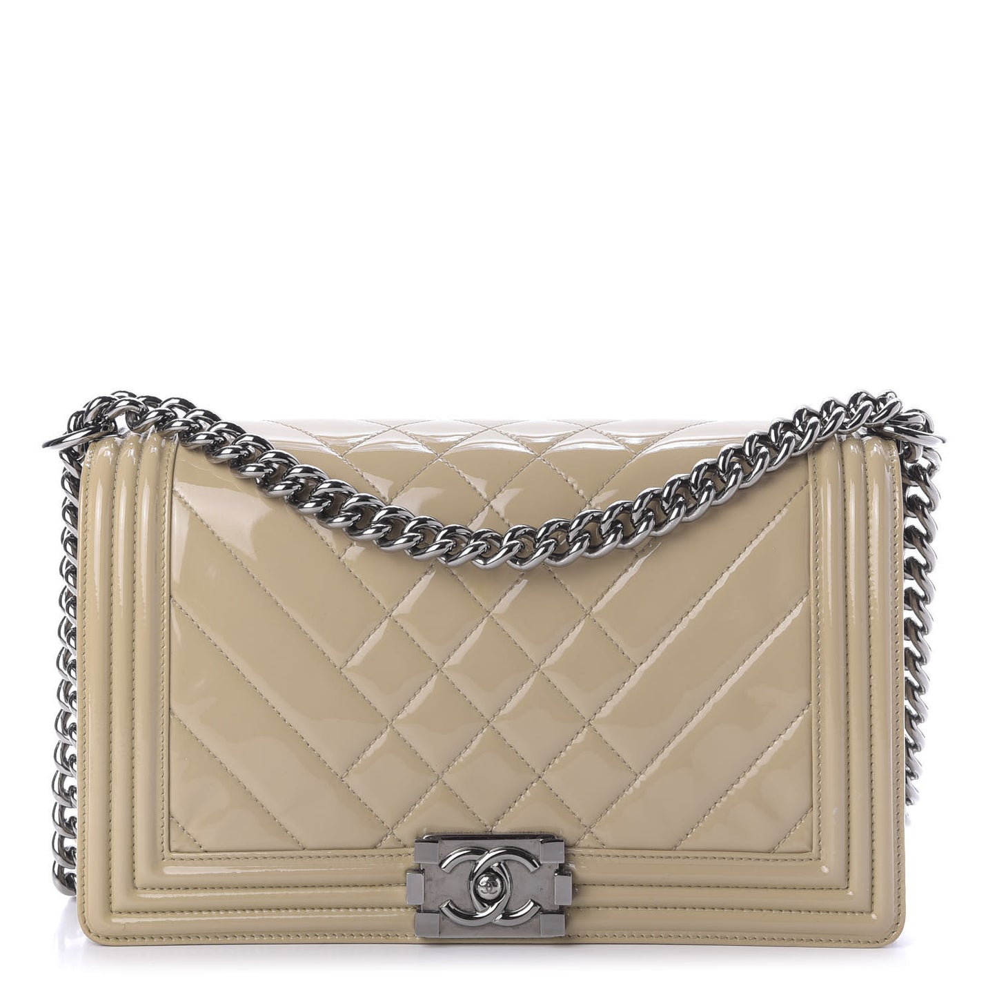 Patent Chevron Quilted New Medium Boy Flap Light Beige