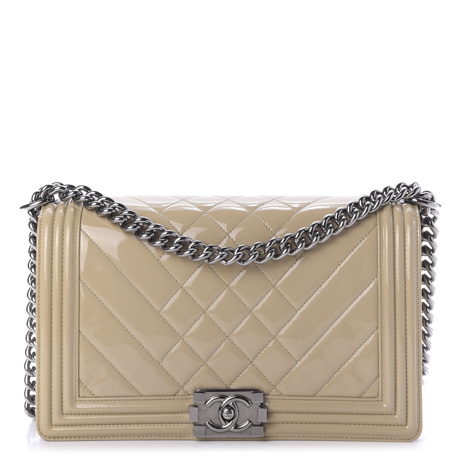 Chanel Patent Chevron Quilted New Medium Boy Flap Light Beige 1 of 13