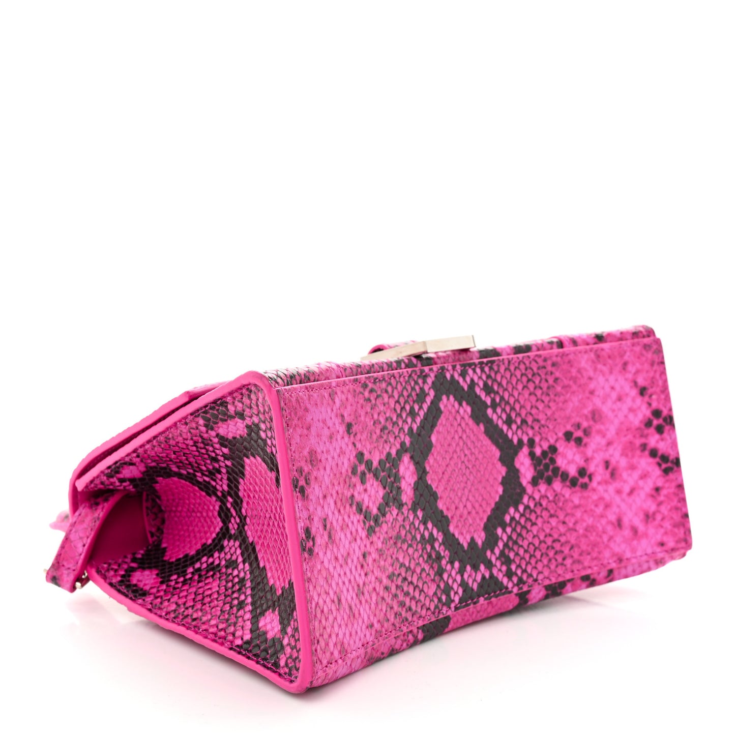 Shiny Calfskin Python Effect Small Hourglass Top Handle Bag Fuchsia Black