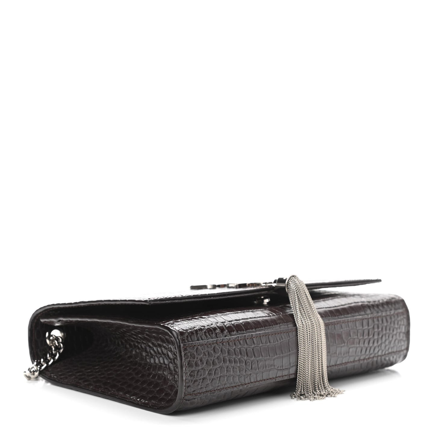 Calfskin Crocodile Embossed Medium Classic Monogram Kate Tassel Satchel Dark Brown