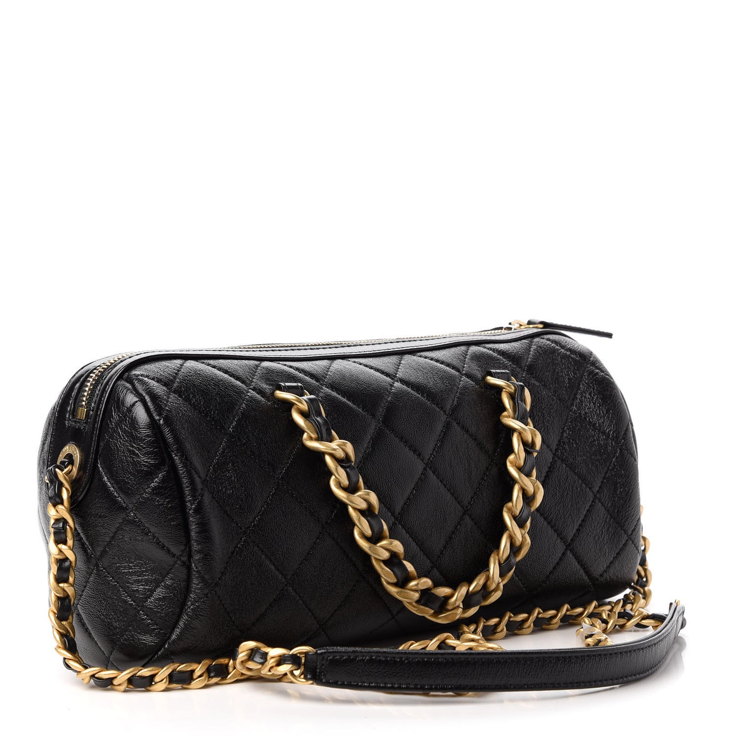 Shiny Lambskin Quilted Fashion Therapy Bowling Bag Black