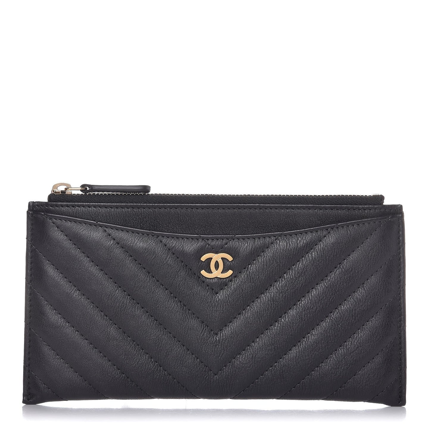 Calfskin Chevron Quilted Classic Zip Pouch Black
