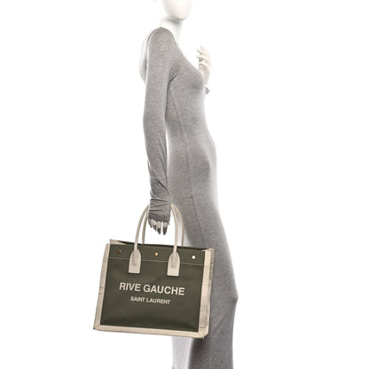Saint Laurent Linen Calfskin Small Rive Gauche Tote Military Green Blanc Vintage 2 of 11
