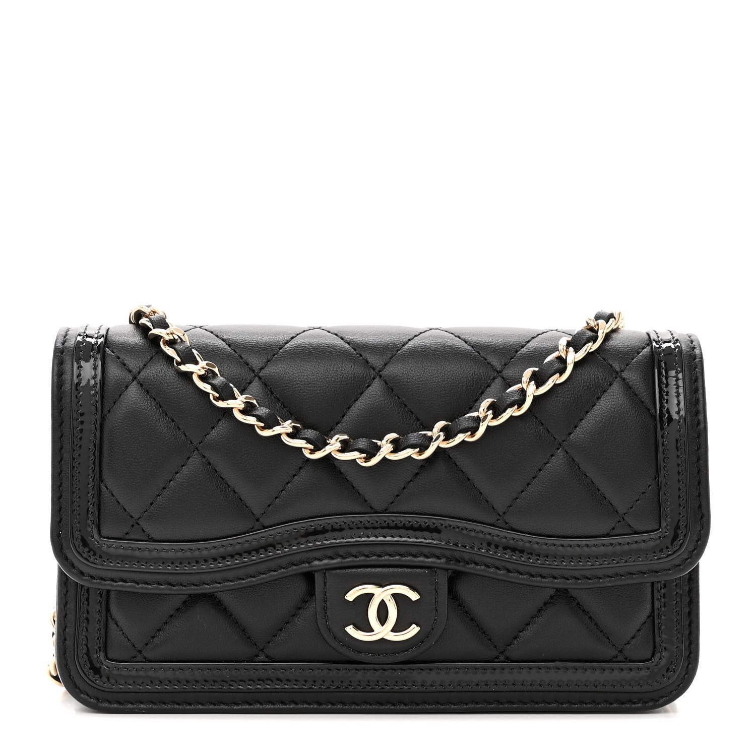 Chanel Lambskin Patent Calfskin Quilted Flap Phone Holder With Chain Black 1 of 12