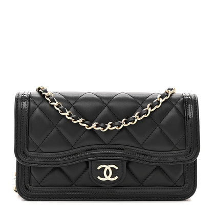 Chanel Lambskin Patent Calfskin Quilted Flap Phone Holder With Chain Black 1 of 12