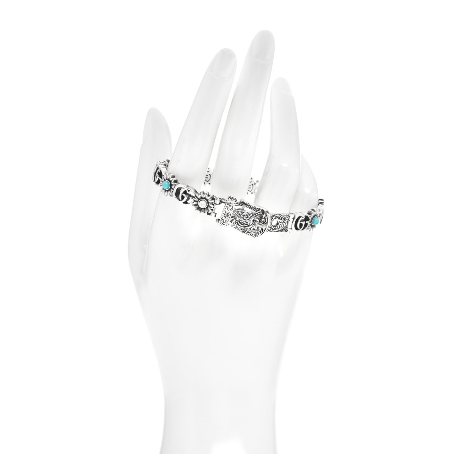 Sterling Silver Blue Topaz Mother of Pearl Turquoise Resin Double G Flower Bracelet