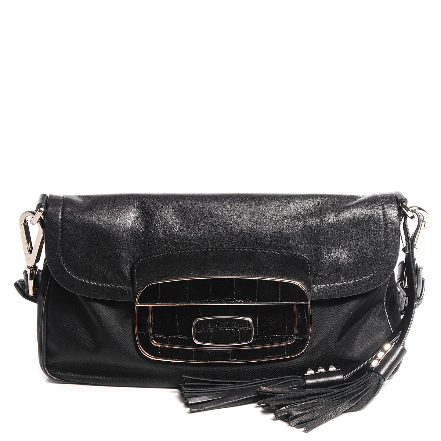 Lambskin Tessuto Nylon Tassel Shoulder Bag Black