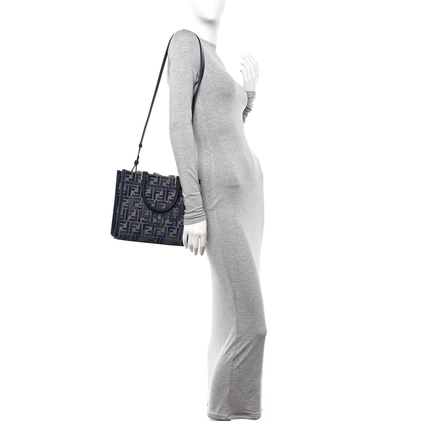 Chenille Vitello Grace FF Embroidered Small Fendi Sunshine Shopper Tote Dark Blue Grey
