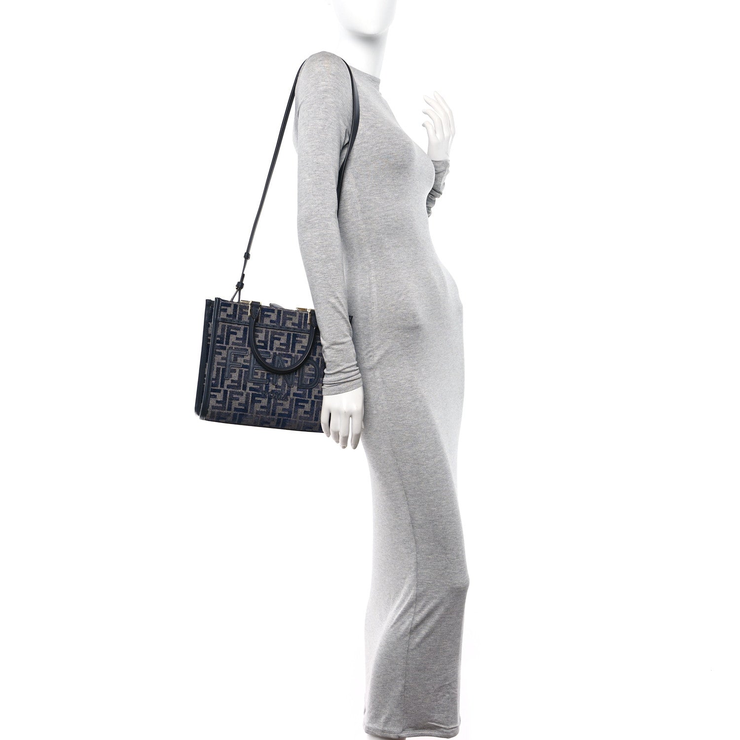 Fendi Chenille Vitello Grace FF Embroidered Small Fendi Sunshine Shopper Tote Dark Blue Grey 2 of 10