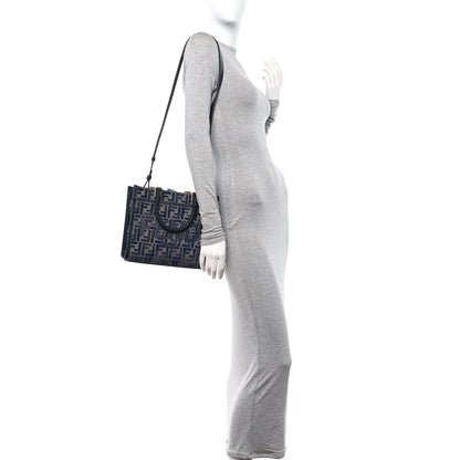Fendi Chenille Vitello Grace FF Embroidered Small Fendi Sunshine Shopper Tote Dark Blue Grey 2 of 10
