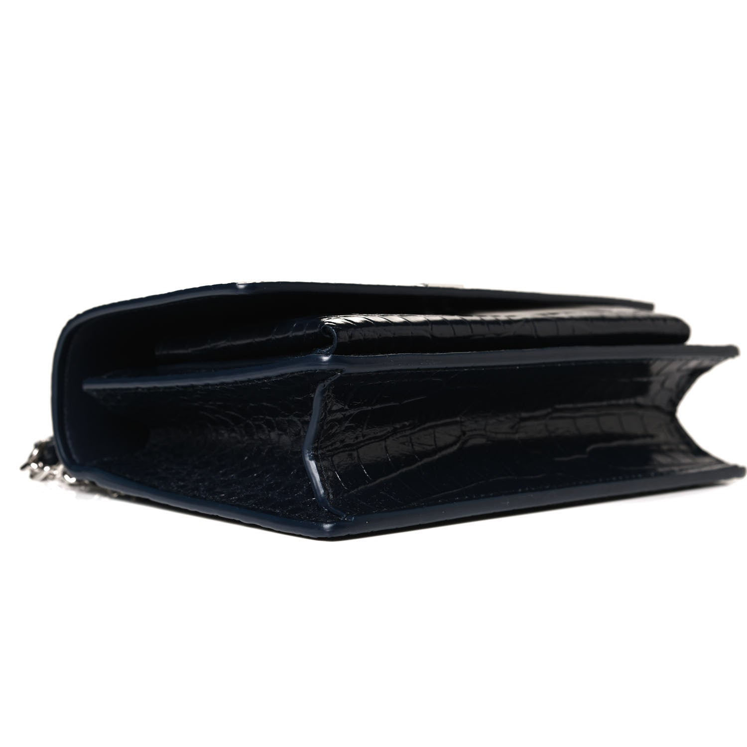 Saint Laurent Calfskin Crocodile Embossed Monogram Sunset Chain Wallet Navy 11 of 12