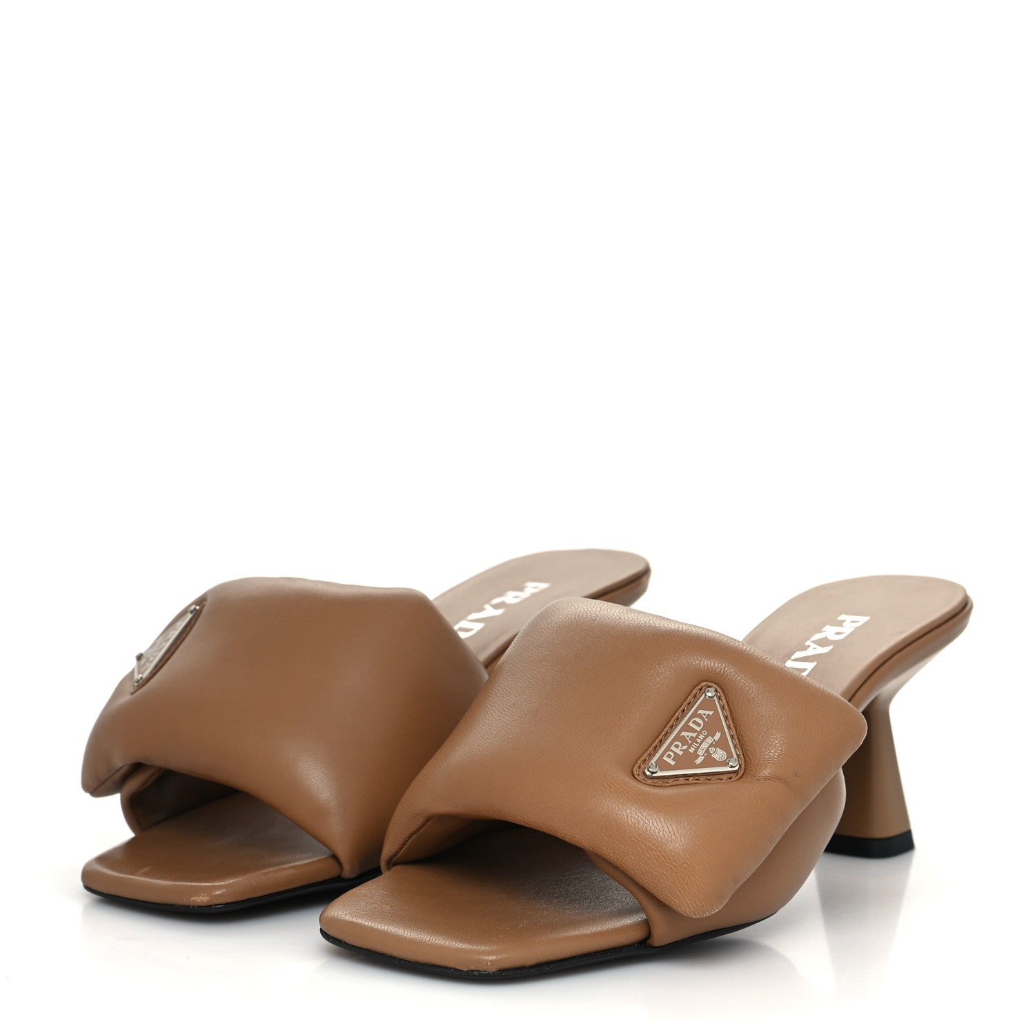 Prada Nappa Soft Padded Metal Triangle Logo 65mm Slide Sandals 37 Caramel 3 of 8