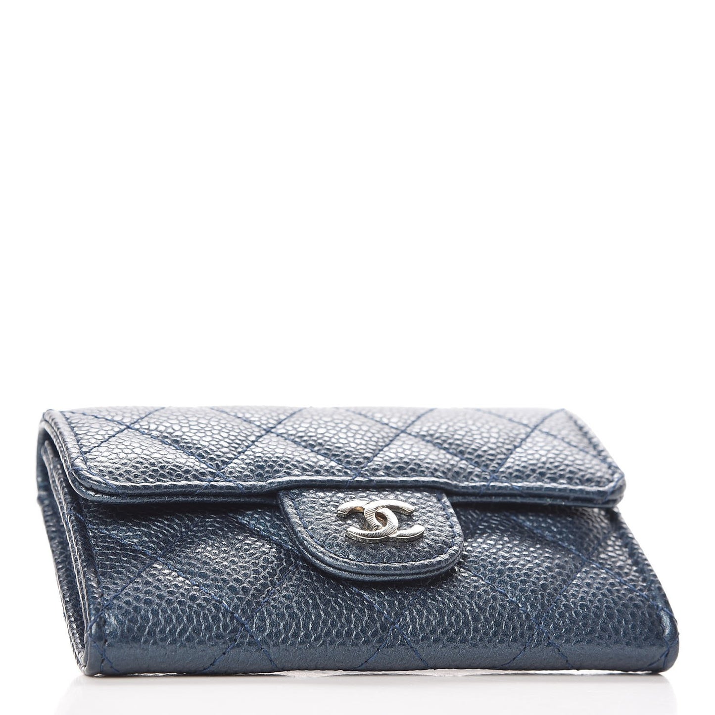 Metallic Caviar Quilted Flap Card Holder Dark Blue