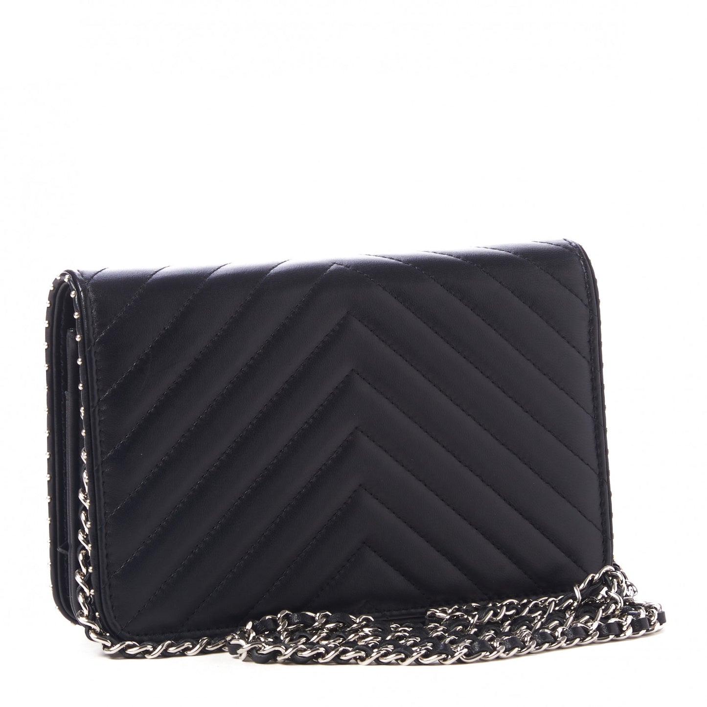 Lambskin Chevron Quilted Studded Wallet On Chain WOC Black