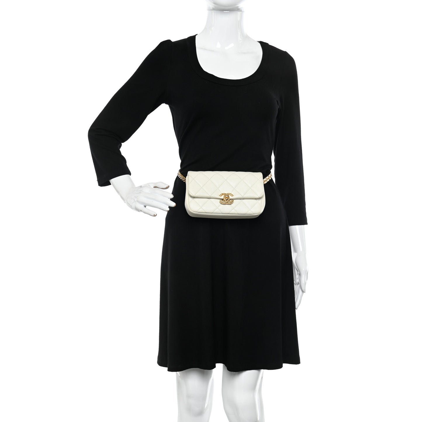 Caviar Quilted Chain Melody Waist Belt Bag White