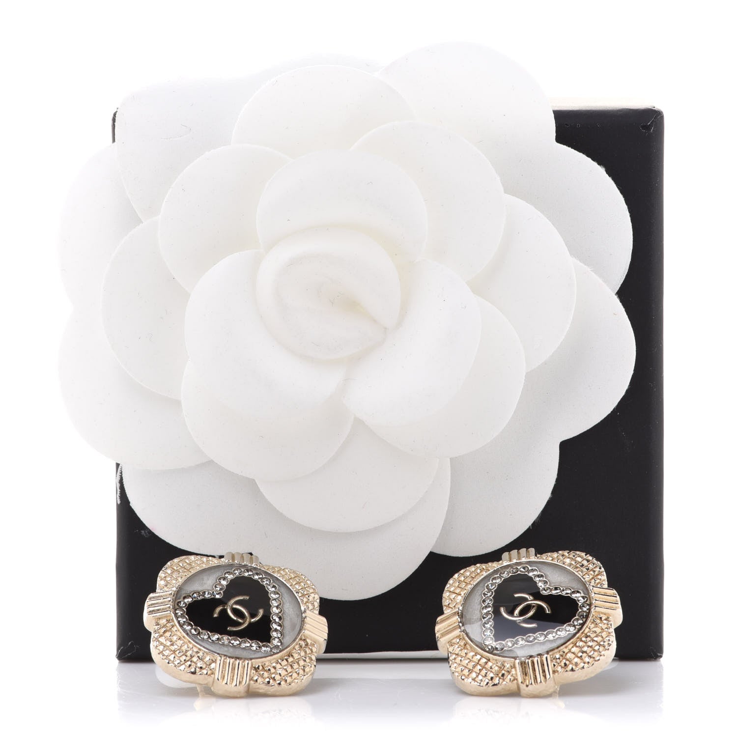 Chanel Resin Crystal Quilted CC Heart Earrings Gold Black 5 of 5