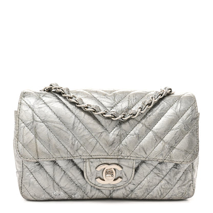 Chanel Patent Metallic Crumpled Calfskin Chevron Quilted Mini Rectangular Flap Silver 1 of 12