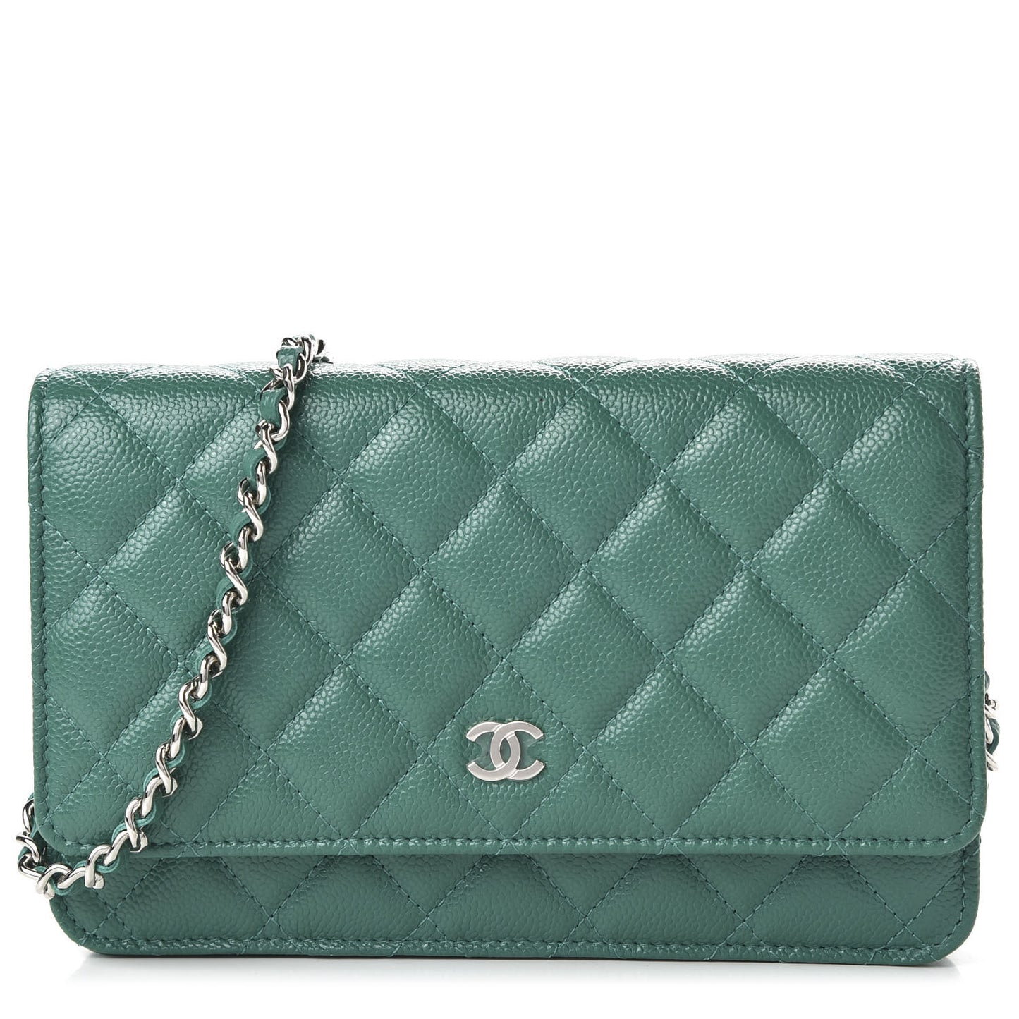Iridescent Caviar Quilted Wallet On Chain WOC Green
