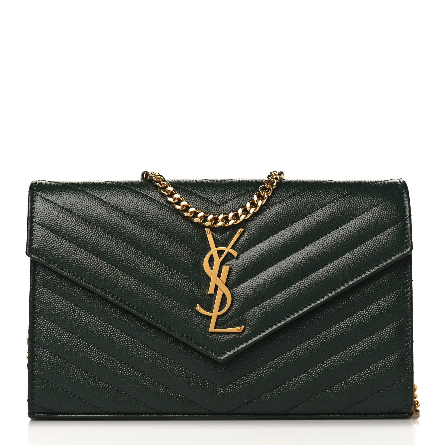 Saint Laurent Grain De Poudre Matelasse Chevron Monogram Chain Wallet Dark Green 1 of 8