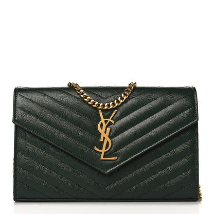 Saint Laurent Grain De Poudre Matelasse Chevron Monogram Chain Wallet Dark Green 1 of 8