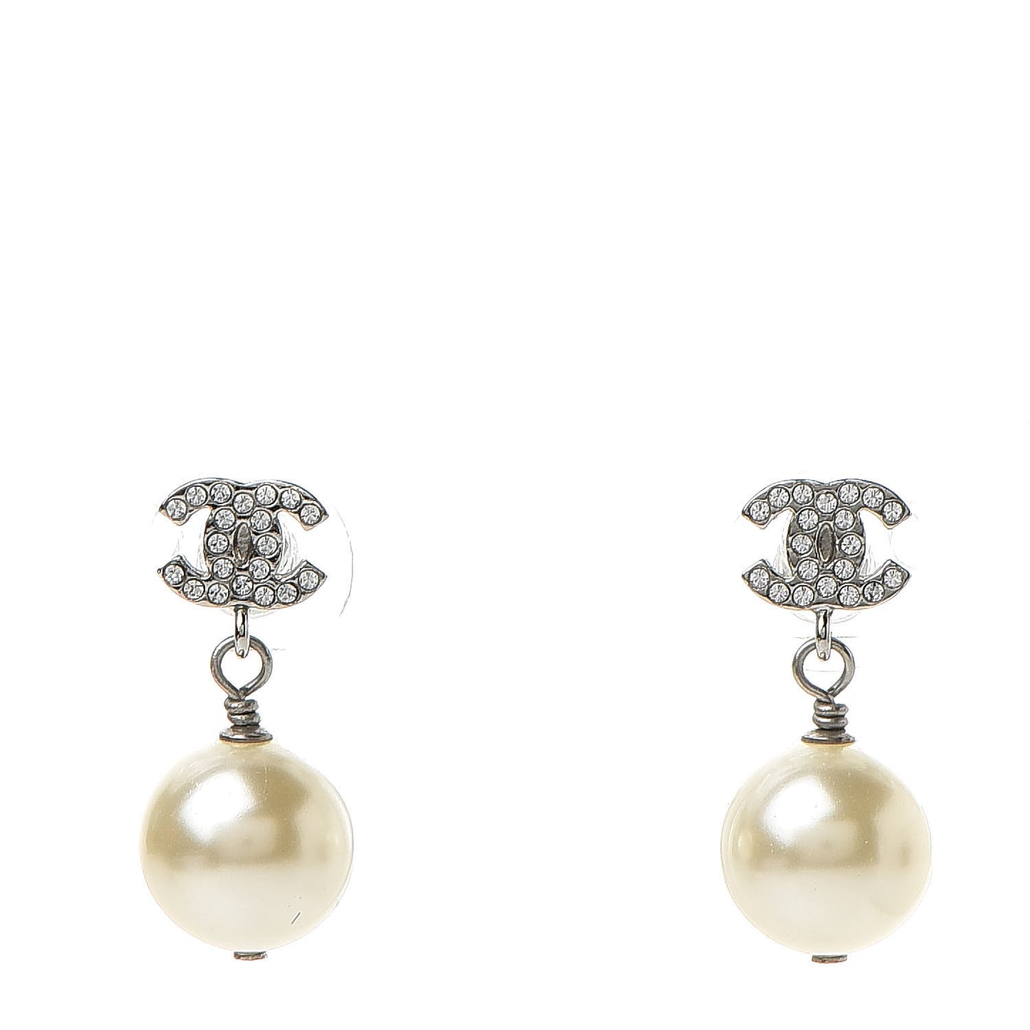 Crystal Pearl CC Drop Earrings Silver Pearly White