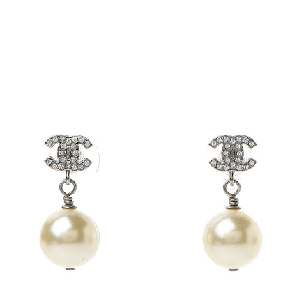 Chanel Crystal Pearl CC Drop Earrings Silver Pearly White 1 of 5