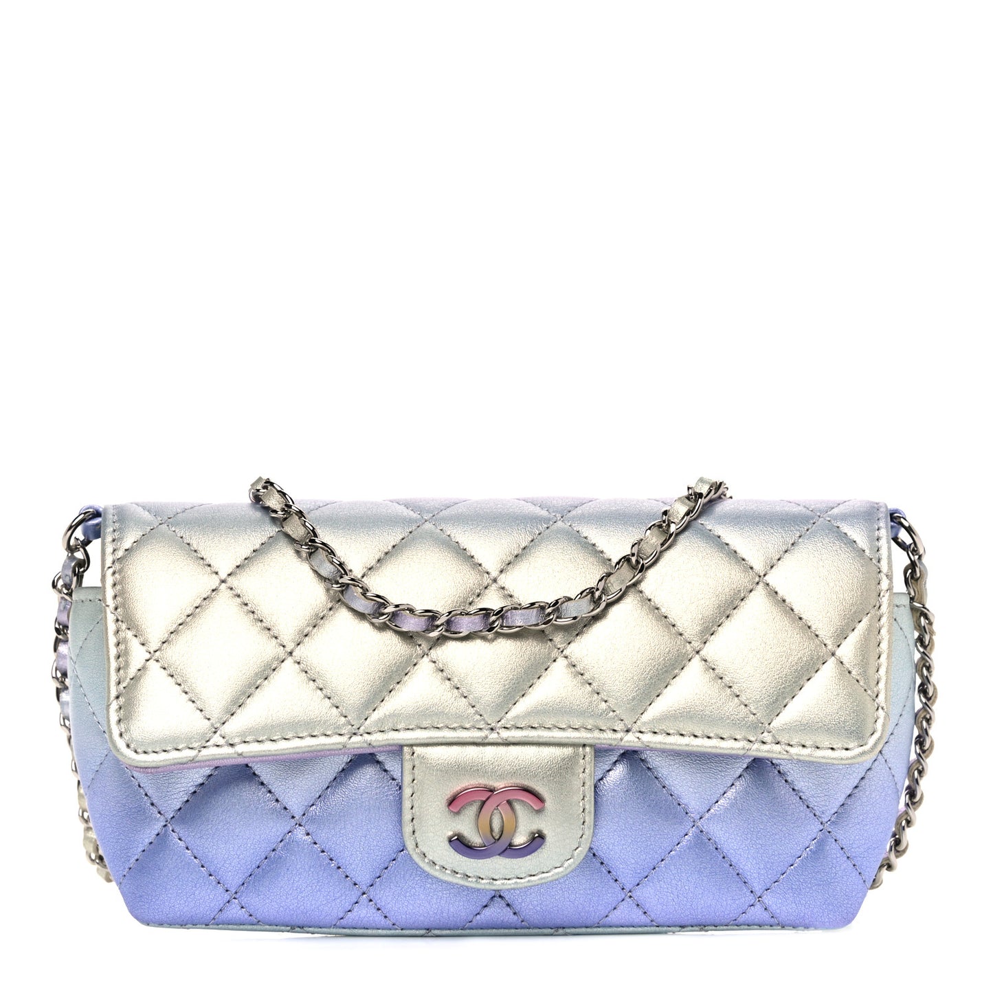 Gradient Metallic Calfskin Quilted Glasses Case With Chain Silver Blue Yellow Purple