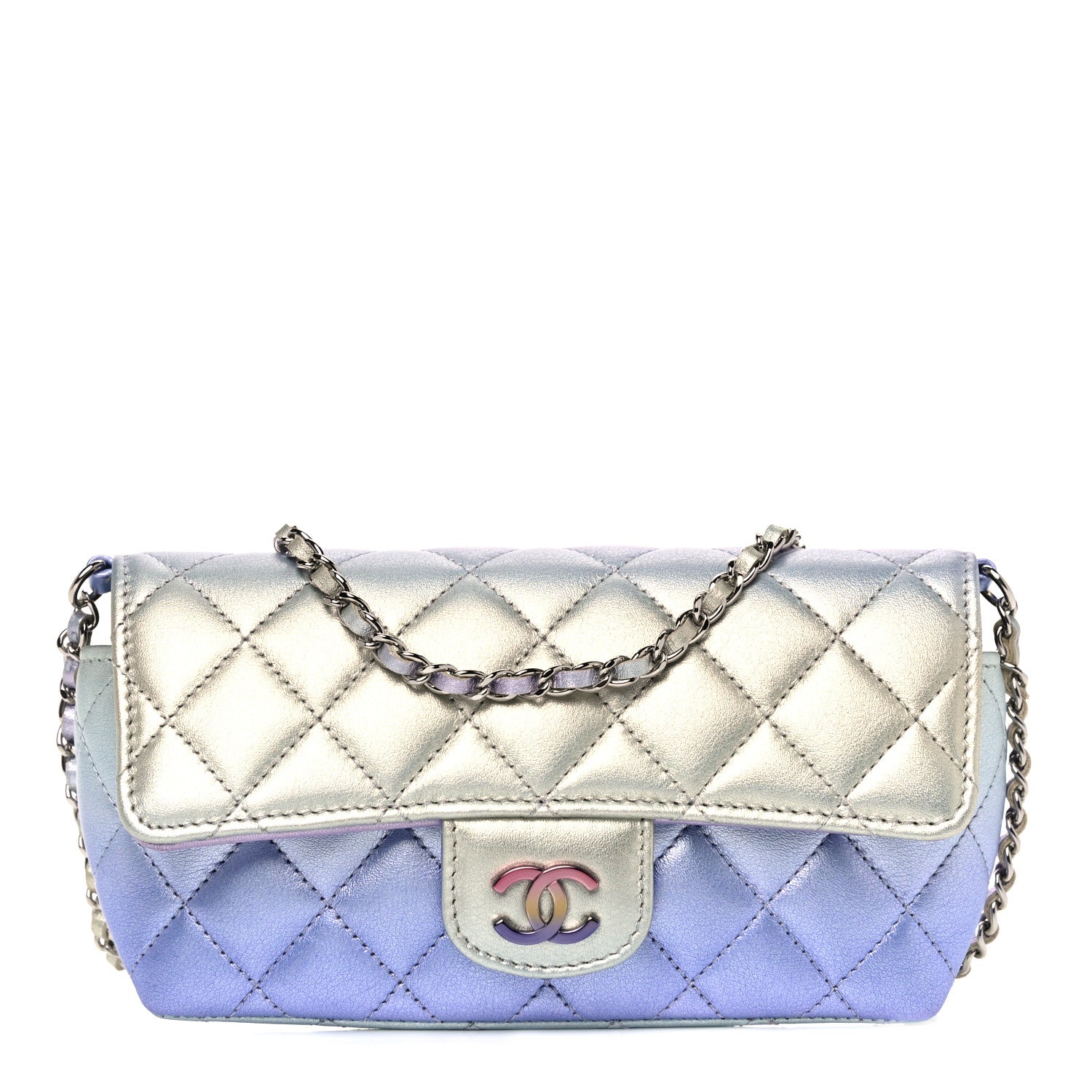 Chanel Gradient Metallic Calfskin Quilted Glasses Case With Chain Silver Blue Yellow Purple 1 of 8
