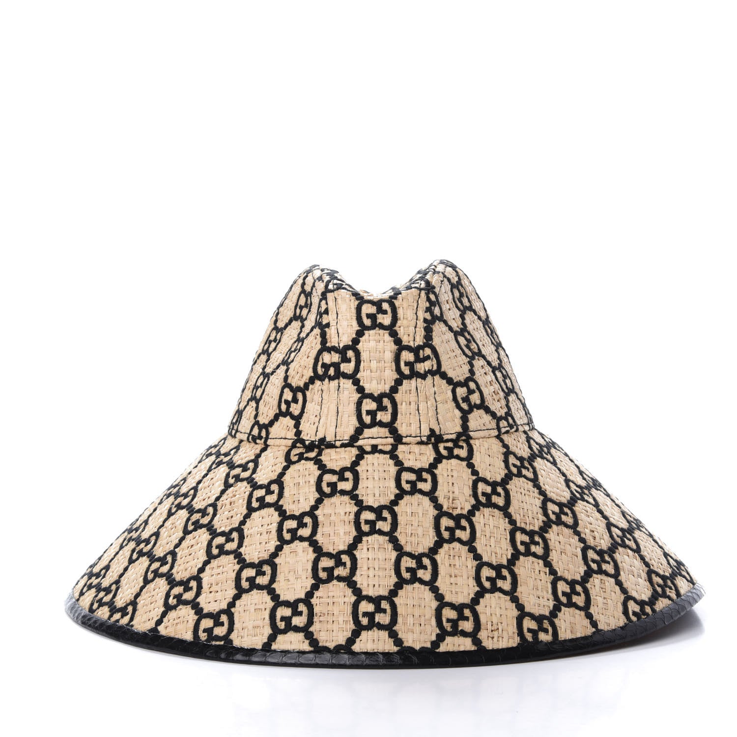 Gucci Raffia Elaphe GG Monogram Embroidered Wide Brim Hat Ivory Black 3 of 8