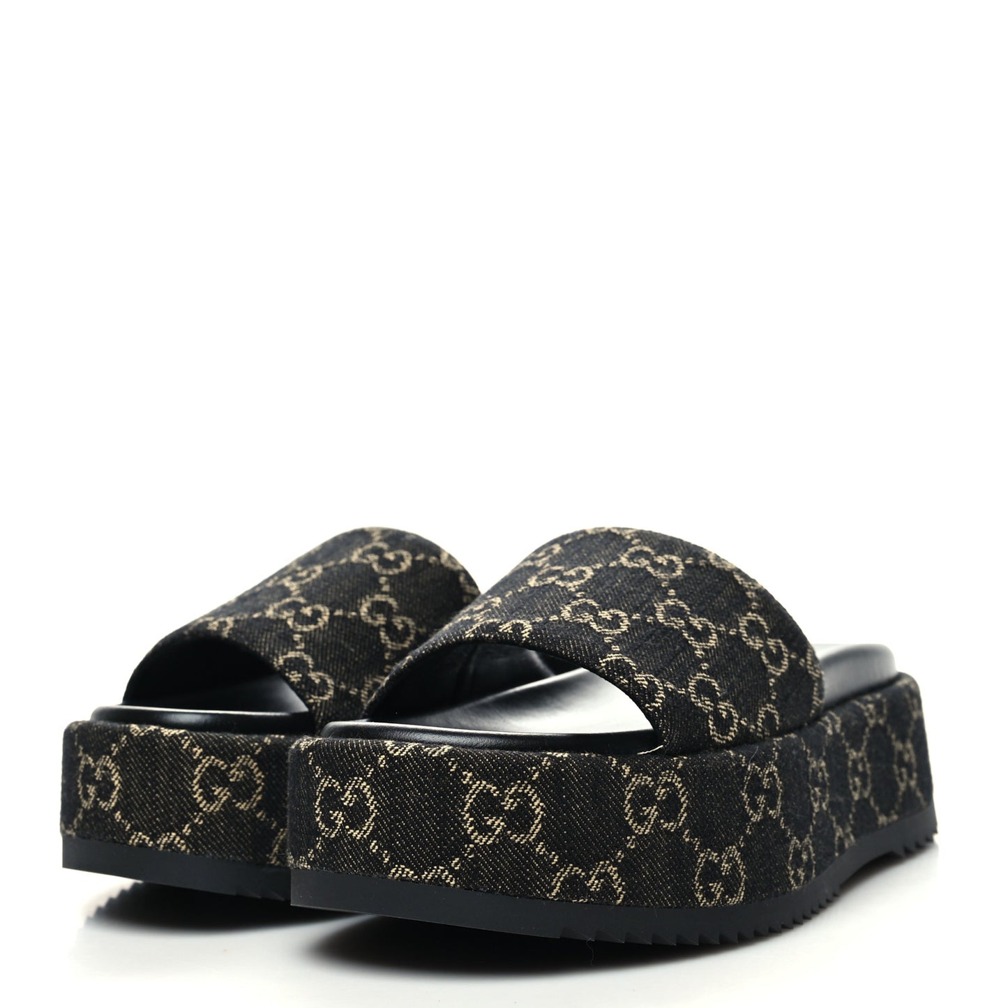 Jacquard Black Denim GG Monogram Angelina Platform 55mm Slide Sandals 35 Black Ivory