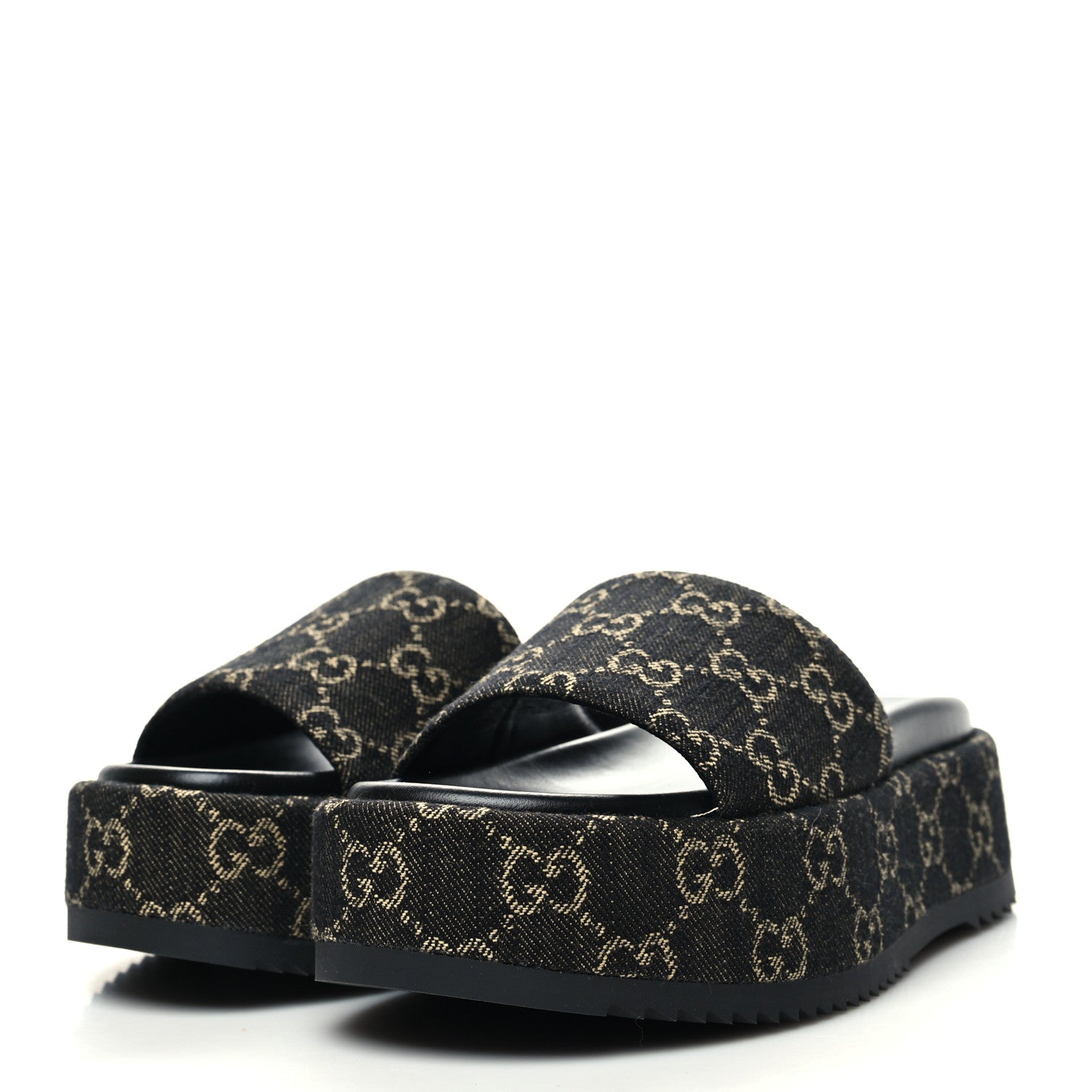 Gucci Jacquard Black Denim GG Monogram Angelina Platform 55mm Slide Sandals 35 Black Ivory 3 of 9