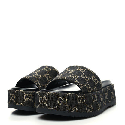 Gucci Jacquard Black Denim GG Monogram Angelina Platform 55mm Slide Sandals 35 Black Ivory 3 of 9