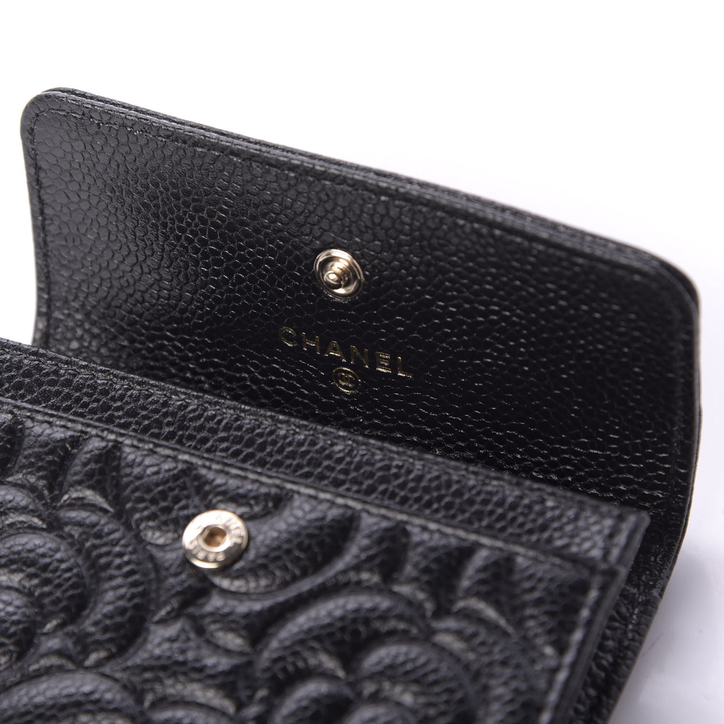 Caviar Camellia Embossed Card Holder Wallet Black