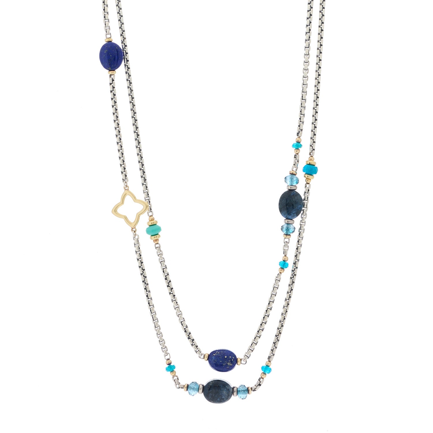 David Yurman Sterling Silver 18K Yellow Gold Lapis Lazuli Sodalite Turquoise Blue Topaz Kyanite Quatrefoil Necklace 1 of 4