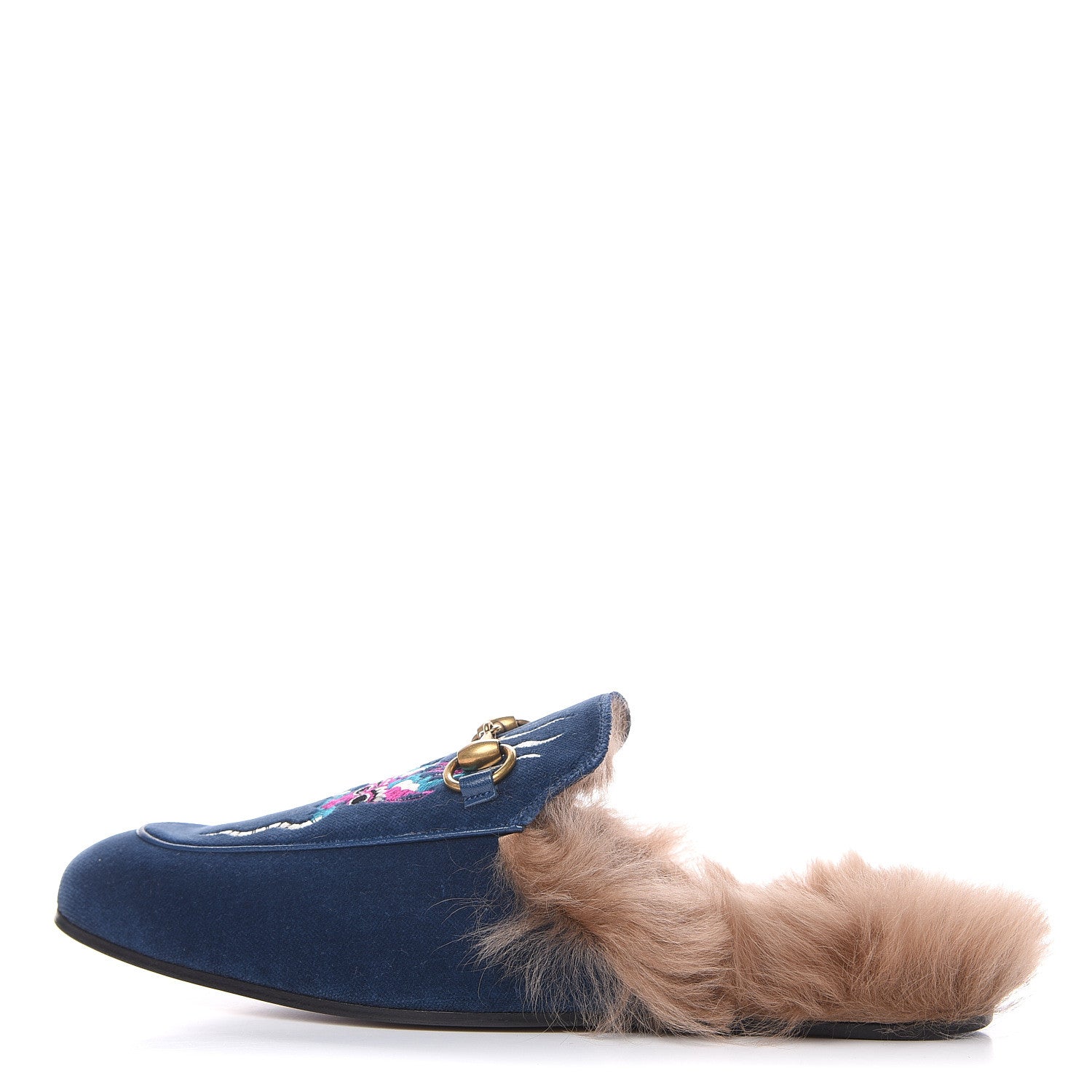 Gucci Velvet Fur Dragon Embroidered Mens Princetown Slippers 7 Zaffre Dark Zaffre 1 of 9
