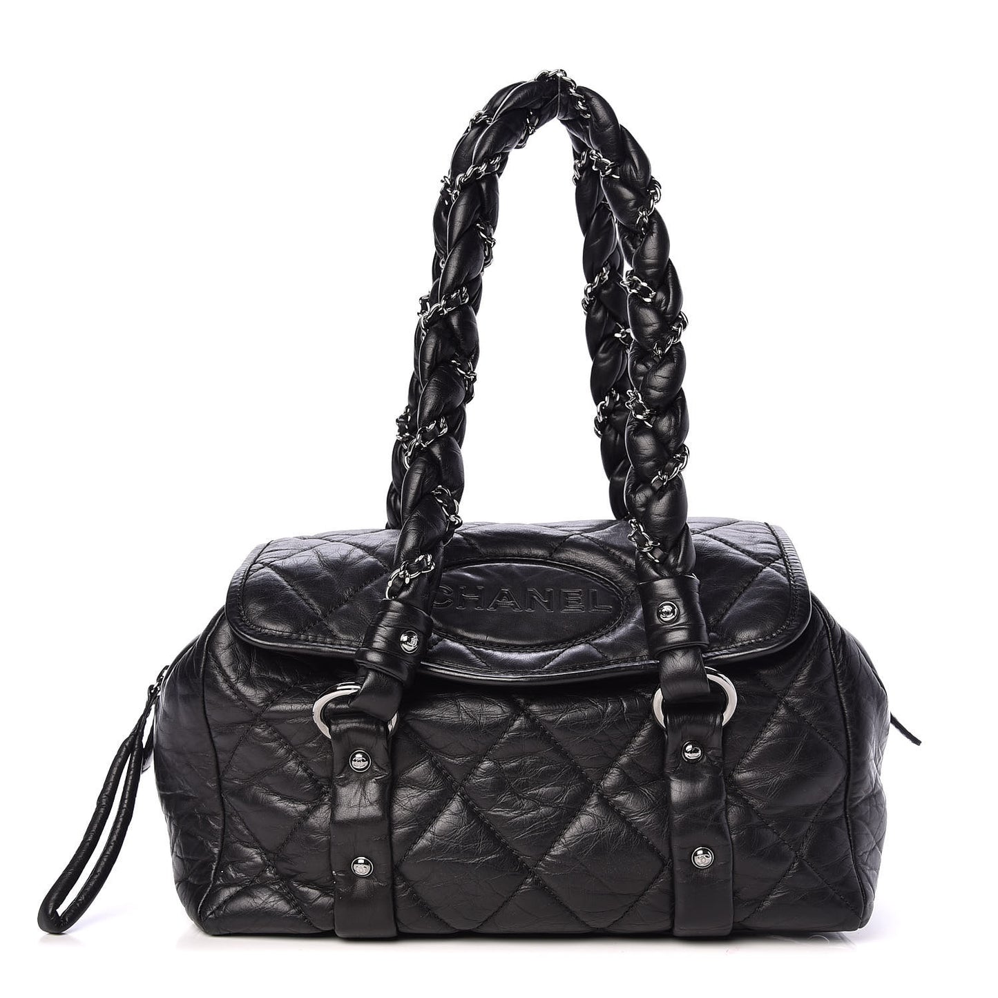 Distressed Lambskin Lady Braid Flap Tote Black