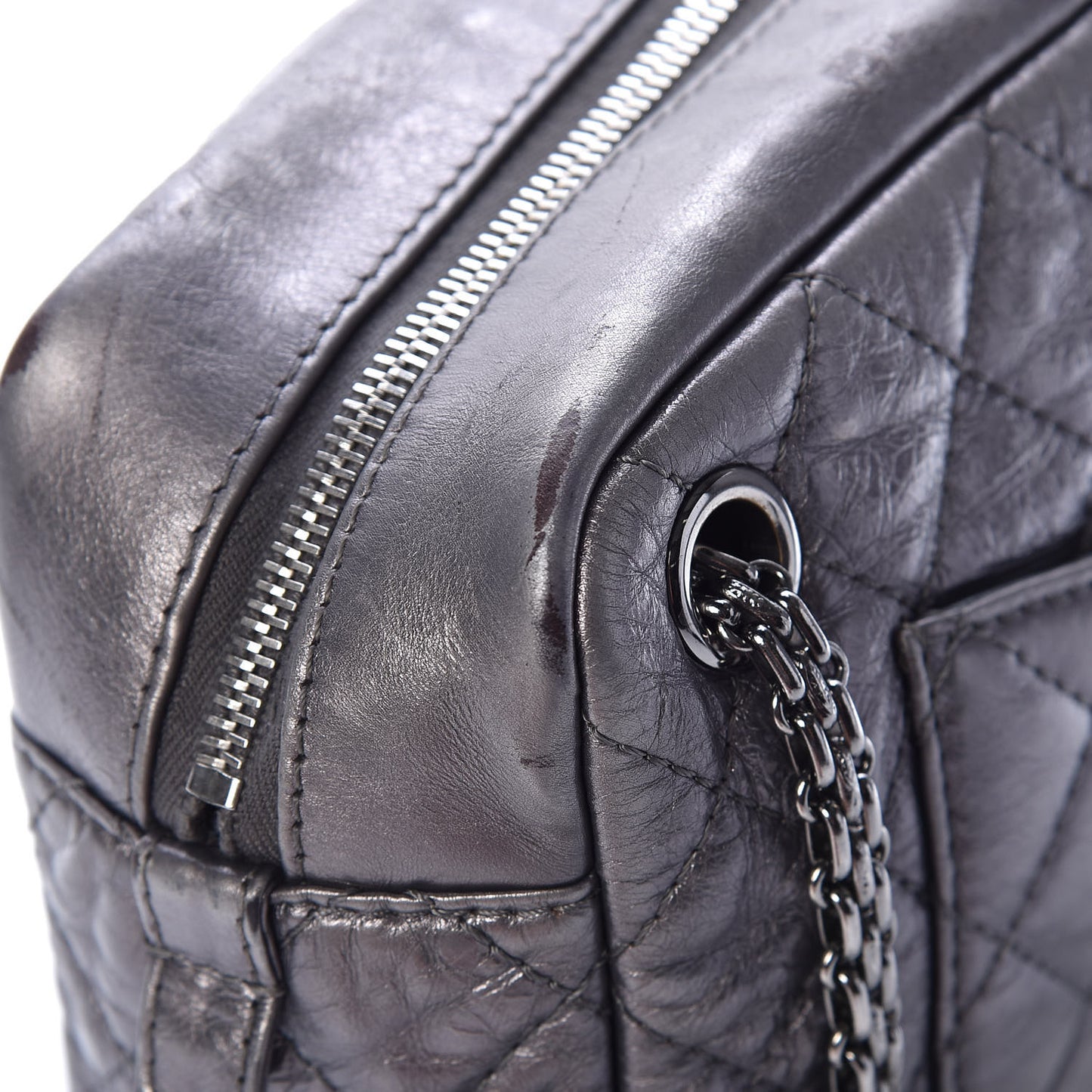 Metallic Aged Calfskin Quilted Medium Reissue Camera Case Dark Silver