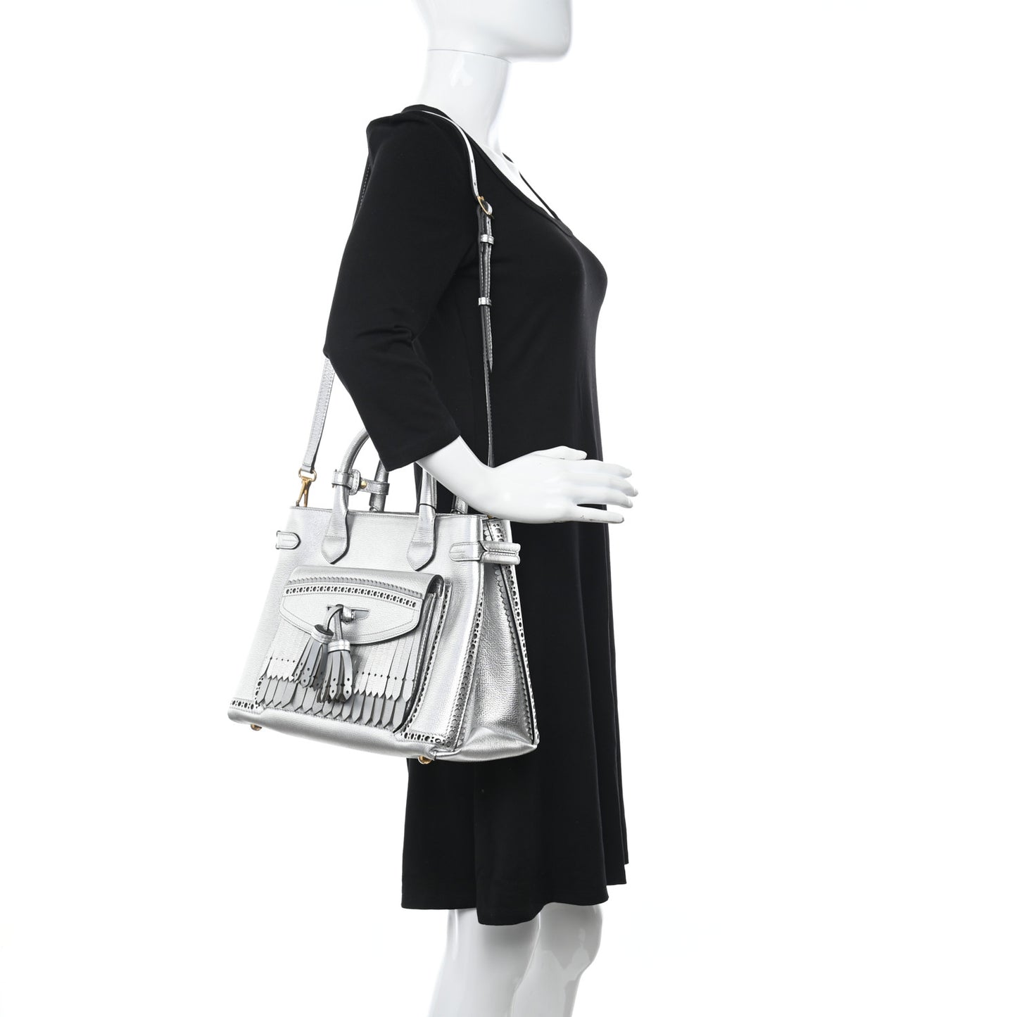 Metallic Calfskin Broguing Medium Banner Tote Silver