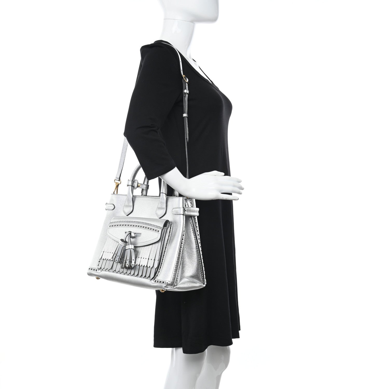 Burberry Metallic Calfskin Broguing Medium Banner Tote Silver 2 of 14