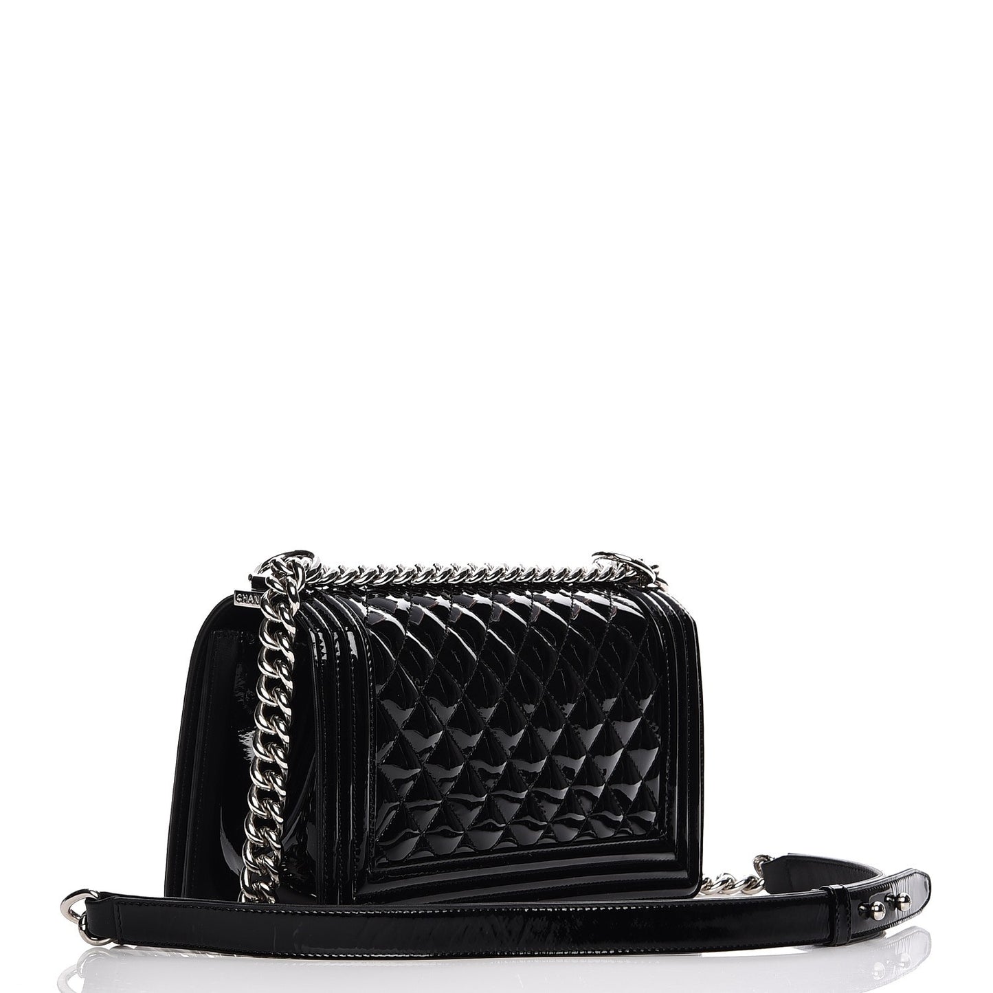 Patent Calfskin Quilted Medium Plexiglass Boy Flap Black