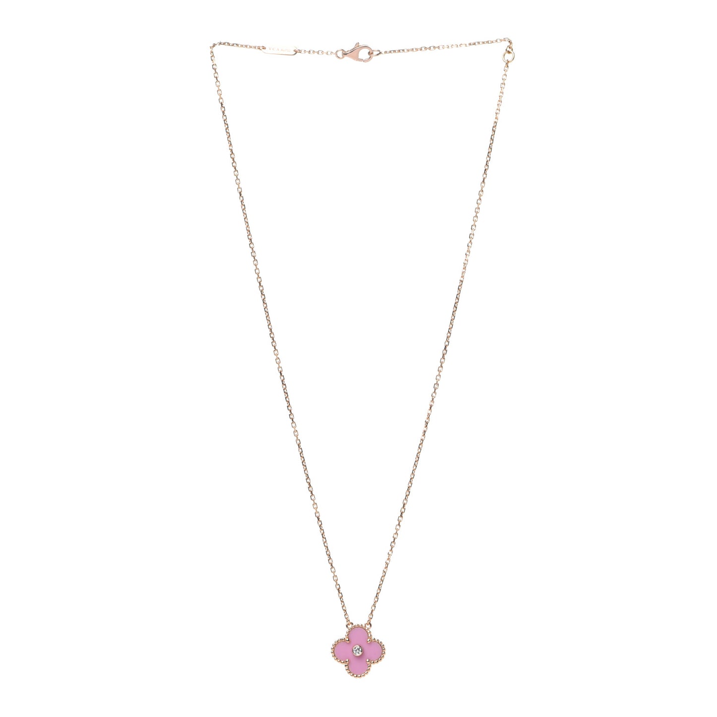 18K Rose Gold Diamond Pink Porcelain Vintage Alhambra Pendant Necklace