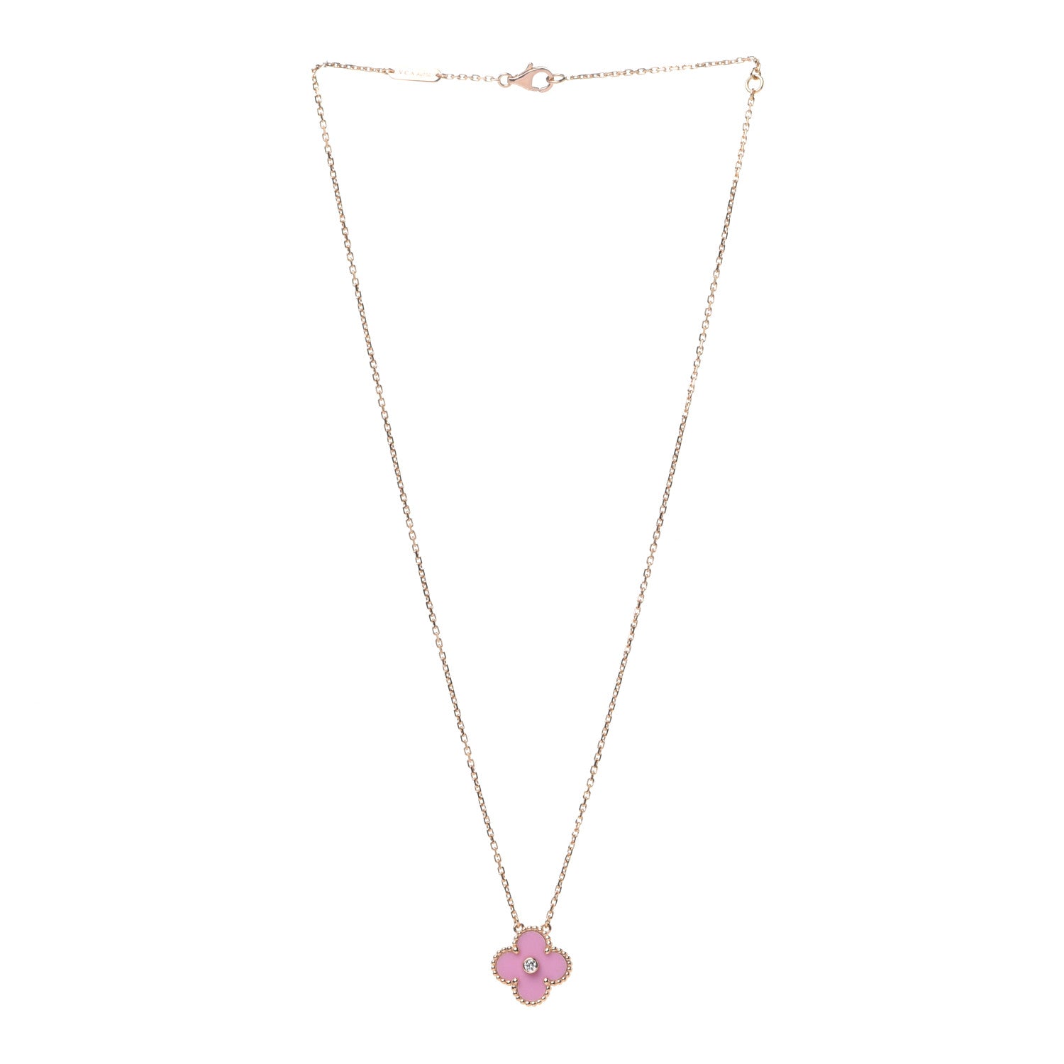 Van Cleef & Arpels 18K Rose Gold Diamond Pink Porcelain Vintage Alhambra Pendant Necklace 3 of 7